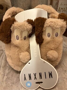 Plush Dog Slip-On Slippers for Women — Tan
